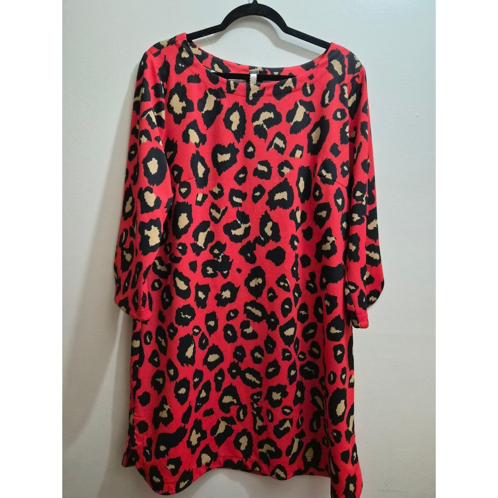 Uncle Frank Red Leopard Print Shift Dress Rounded Sleeve XL
